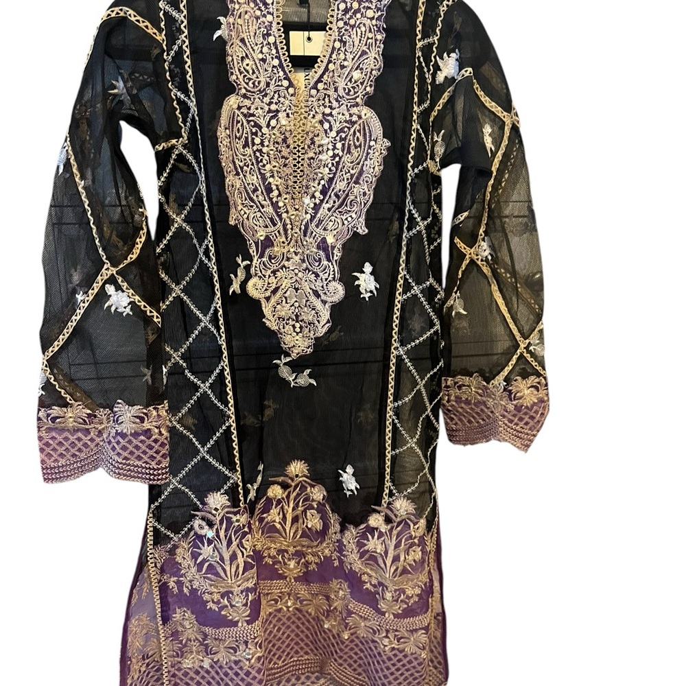 IDEAS Luxury Pret Embroidered Sheer Kurta | Black & Purple Khaadi Net | Small